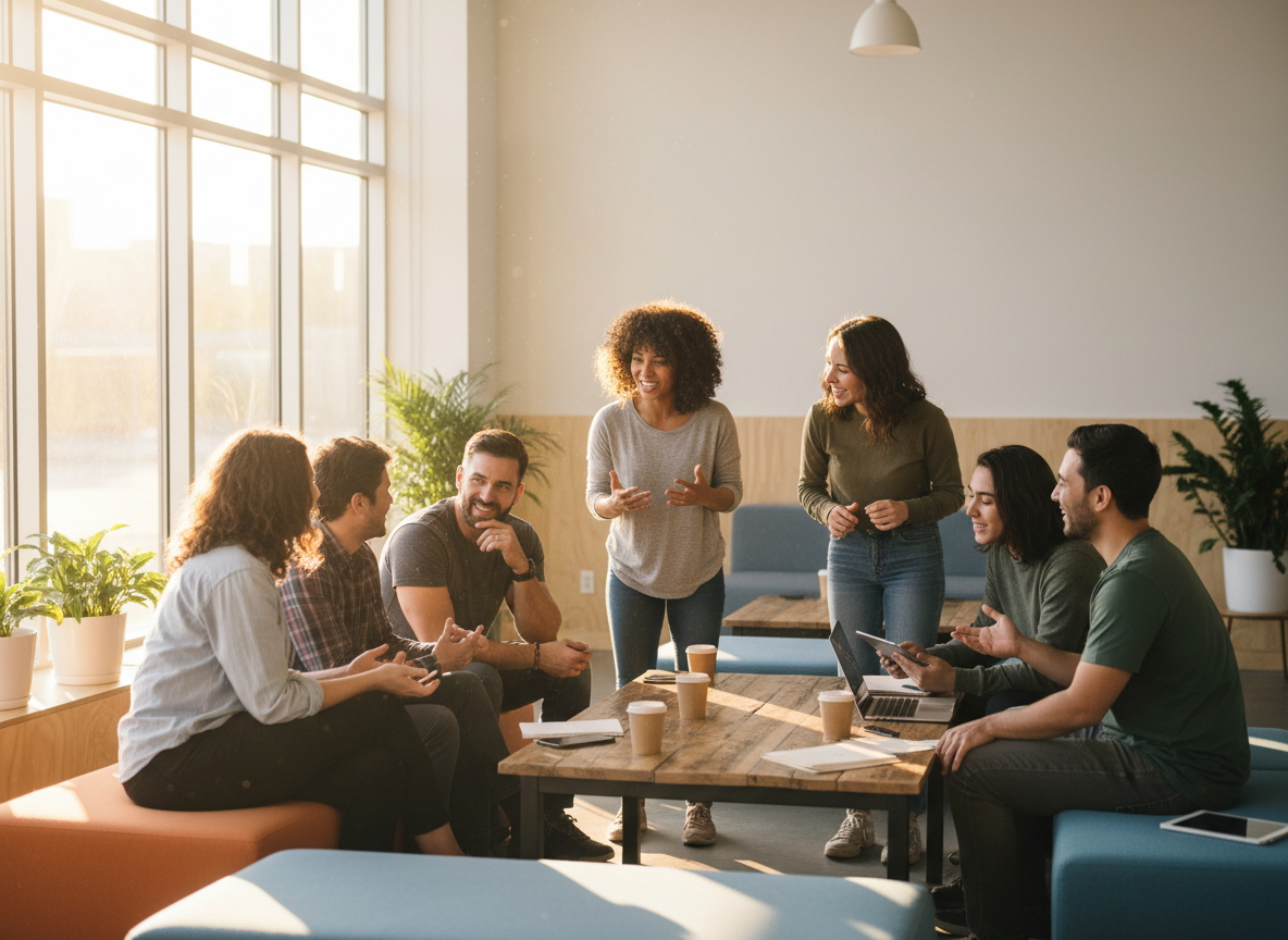 People in conversation in a bright modern space