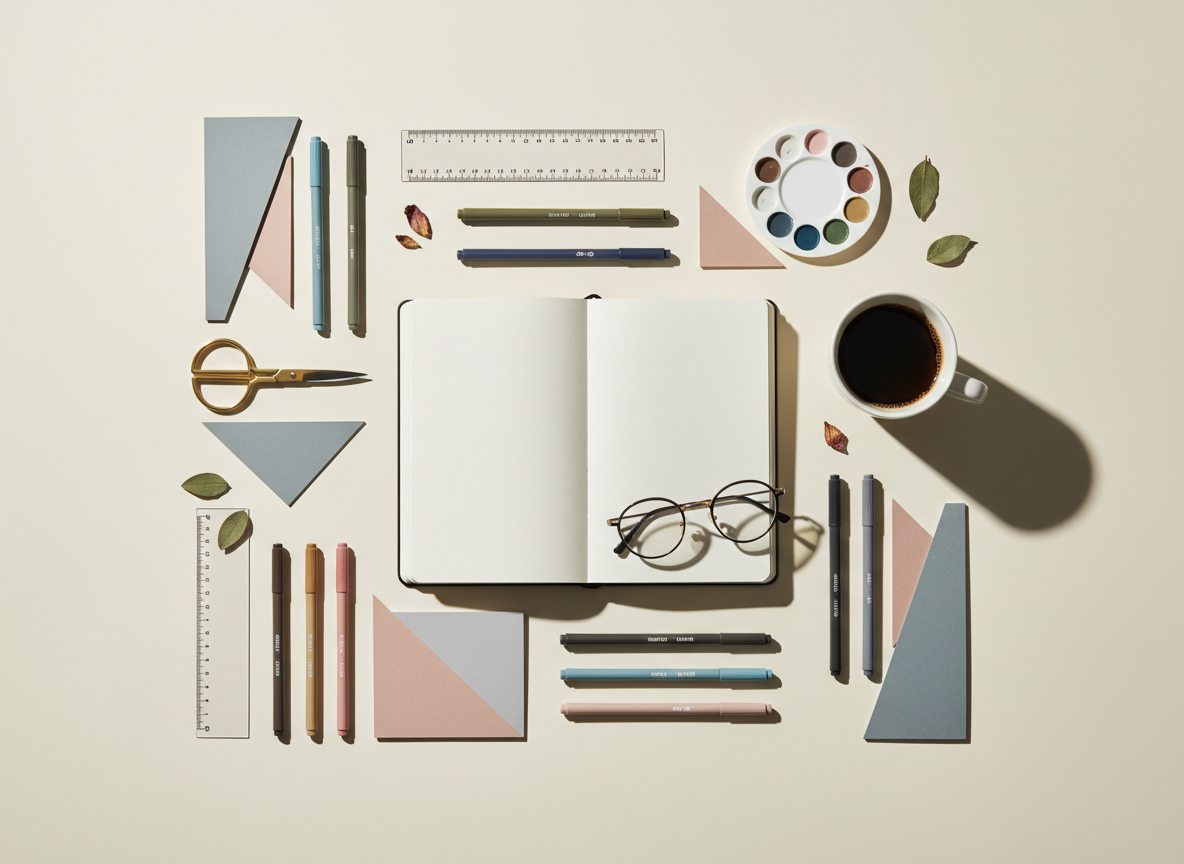 A creative flatlay of design tools and a notebook