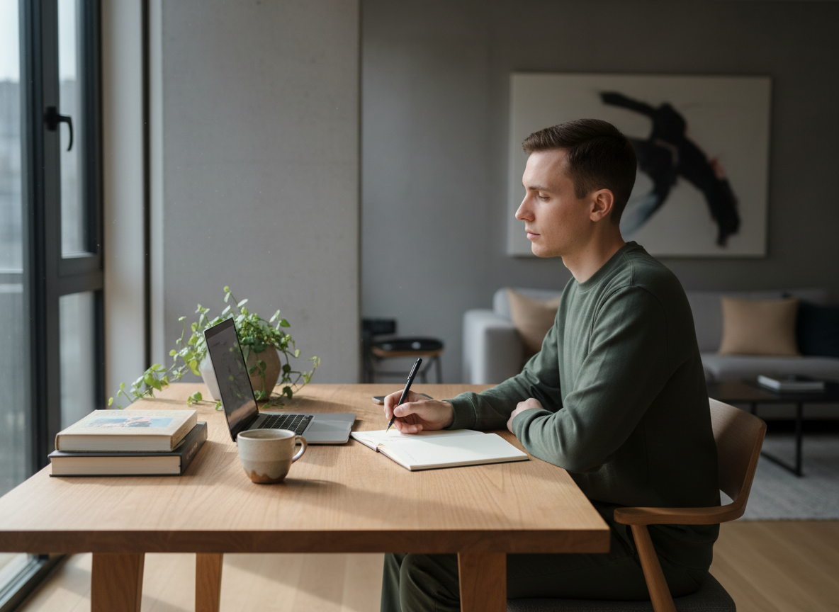 A creator writing at a minimalist desk